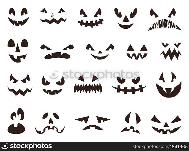 Scary halloween pumpkin faces silhouette, evil ghost eyes. Funny or spooky pumpkins mouths, autumn holiday lantern face icon vector set. Mysterious isolated facial expressions with holes. Scary halloween pumpkin faces silhouette, evil ghost eyes. Funny or spooky pumpkins mouths, autumn holiday lantern face icon vector set