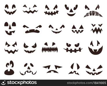 Scary halloween pumpkin faces silhouette, evil ghost eyes. Funny or spooky pumpkins mouths, autumn holiday lantern face icon vector set. Mysterious isolated facial expressions with holes. Scary halloween pumpkin faces silhouette, evil ghost eyes. Funny or spooky pumpkins mouths, autumn holiday lantern face icon vector set