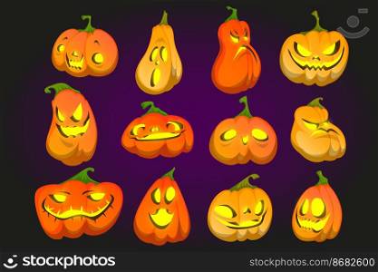 Scary Halloween pumpkins with spooky smile and yellow glow. Vector cartoon set of traditional autumn lantern from orange pumpkin with evil face and light inside. Scary Halloween pumpkins with light inside