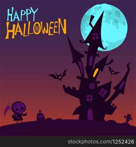 Scary haunted house with grim reaper walking and tombstones. Halloween background illustration