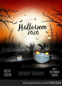 Scary Holiday Halloween background with pumpkins wearing medical face mask and silhouettes of bats, dead trees and wooden sign. Halloween nigh show in Covid-19. Vector.