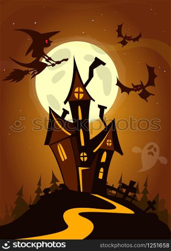 Scary house on night background with a full moon behind - Vector Halloween background