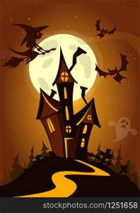 Scary house on night background with a full moon behind - Vector Halloween background