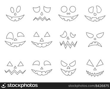 Scary line faces of Halloween pumpkins set. Horror ghost linear face collection. Vector isolated on white. Scary line faces of Halloween pumpkins set.