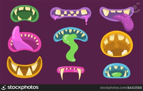 Scary monsters mouths set. Lips with slim, horrible jaws, teeth, throat and tongues of goblin, gremlin, trolls. Vector illustration for Halloween creatures concepts, party stickers templates