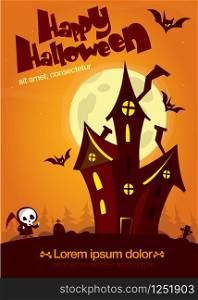 Scary old ghost haunted house. Halloween card or poster. Vector illustration
