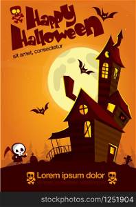 Scary old ghost haunted house. Halloween card or poster. Vector illustration