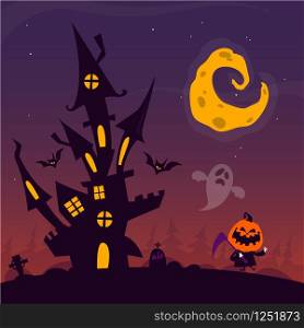Scary old ghost haunted house with cemetery and flying ghosts. Halloween card or poster. Vector cartoon illustration