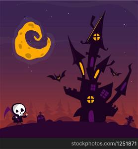 Scary old ghost haunted house with cemetery and walkind cute death. Halloween card or poster. Vector cartoon illustration