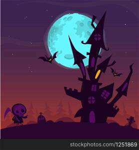 Scary old ghost haunted house with cemetery and walkind death. Halloween card or poster. Vector cartoon illustration