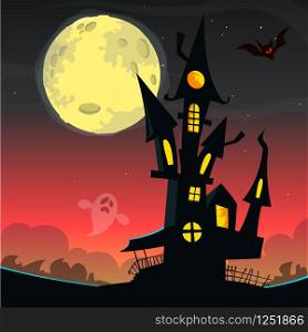 Scary old ghost house. Halloween card or poster. Vector illustration
