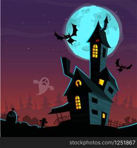 Scary old ghost house. Halloween cardposter. Vector illustration