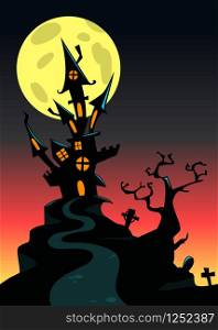 Scary old haunted castle on the hill with full moon behind. Halloween background illustration