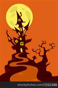 Scary old haunted castle on the hill with full moon behind. Halloween background illustration