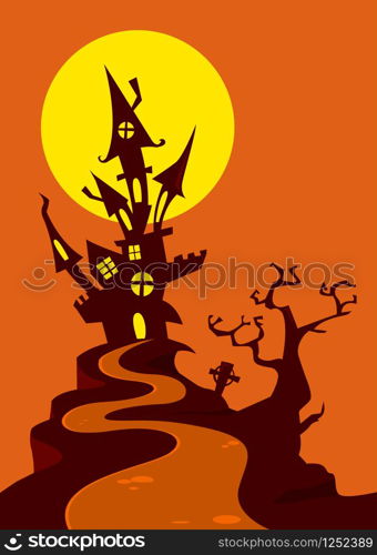 Scary old haunted castle on the hill with full moon behind. Halloween background illustration