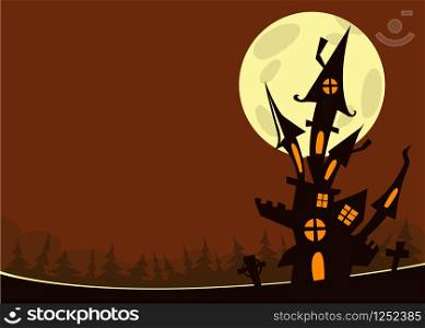 Scary old haunted castle with ghosts. Halloween cartoon background illustration. Poster or invitation placard design for Halloween party