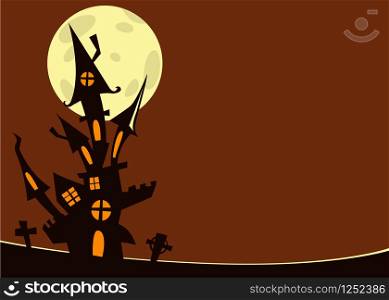 Scary old haunted castle with ghosts. Halloween cartoon background illustration. Poster or invitation placard design for Halloween party