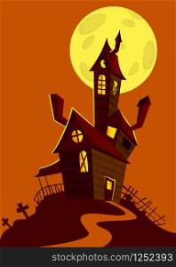 Scary old haunted house with ghosts. Halloween cartoon background illustration. Poster or invitation placard design for Halloween party