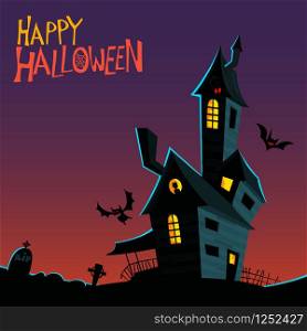 Scary old haunted house with ghosts. Halloween cartoon background illustration. Poster or invitation placard design for Halloween party