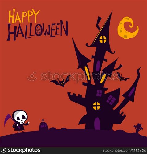 Scary old haunted house with ghosts. Halloween cartoon background illustration with castle and cute death skeleton character