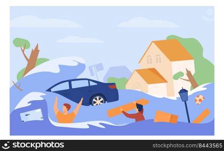 Scary people drowning in water isolated flat vector illustration. Cartoon submerged houses, drowned car during flood or tsunami. Natural disaster, climate change and emergency concept