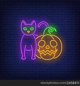 Scary pumpkin and cat neon sign. Halloween party, autumn design. Night bright neon sign, colorful billboard, light banner. Vector illustration in neon style.