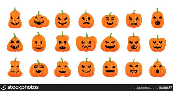 Scary pumpkins. Cartoon Halloween celebration party symbol, autumn vegetables with creepy faces. Vector isolated set scary orange pumpkins on white background. Scary pumpkins. Cartoon Halloween celebration party symbol, autumn vegetables with creepy faces. Vector isolated set