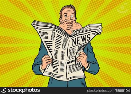 Scary scary bad news in the newspaper, reader response. Pop art retro vector illustration. Scary scary bad news in the newspaper, reader response