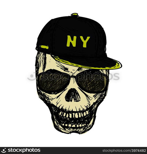 Scary skull in fashionable glasses and cap, hand drawn, isolated on white background.Stock vector illustration. Scary skull in fashionable glasses and cap, hand drawn.