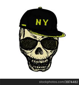 Scary skull in fashionable glasses and cap, hand drawn, isolated on white background.Stock vector illustration. Scary skull in fashionable glasses and cap, hand drawn.