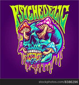 Scary skull psychedelic mushrooms melt vector illustrations for your work logo, merchandise t-shirt, stickers and label designs, poster, greeting cards advertising business company or brands
