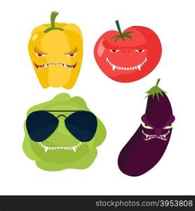 Scary vegetables. Cabbage in glasses, horrible pepper, ferocious tomato. Vector illustration