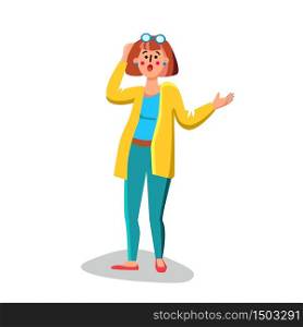 Scary Woman Hold Head Unexpected Situation Vector. Surprised And Unexpected Expression Young Lady Wear Glasses. Character Girl Shocked With Surprise Emotion Flat Cartoon Illustration. Scary Woman Hold Head Unexpected Situation Vector