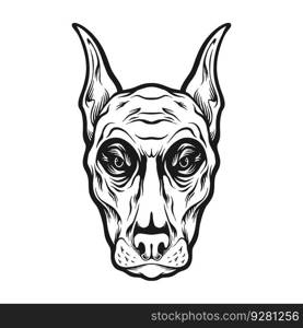 Scary zombie dog head face logo illustration monochrome vector illustrations for your work logo, merchandise t-shirt, stickers and label designs, poster, greeting cards advertising business company or brands