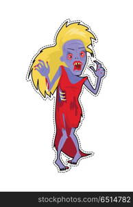 Scary Zombie Woman Character Walking Flat Vector. Scary zombie woman walking. Frightening dead female in red dress with blond hair, blue skin, blood stain flat vector. Horror character for Halloween. Fashion patch in cartoon 80s-90s comic stylev