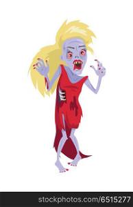 Scary zombie woman walking. Frightening dead female in red dress with blond hair, blue skin, blood stain flat vector illustration isolated on white background. Horror character for Halloween concept. Scary Zombie Woman Character Walking Flat Vector. Scary Zombie Woman Character Walking Flat Vector