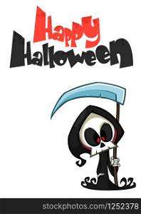 Scaryl cartoon grim reaper with scythe. Halloween death character illustration poster or invitation