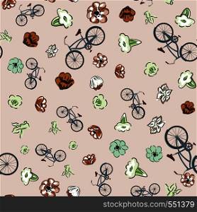 Scattered bicycle and meadow flowers on the pink background. Seamless flat vector composition