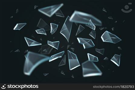 Scattered glass shatters. Realistic explosion flying sharp particles, broken transparent fragments, different shape 3D pieces. Damaged window backdrop, Vector isolated on black background concept. Scattered glass shatters. Realistic explosion flying sharp particles, broken transparent fragments, different 3D pieces. Damaged window backdrop, Vector isolated on black background concept
