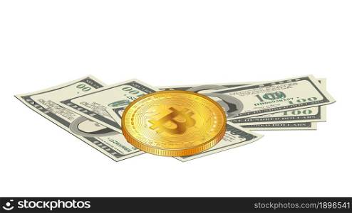 Scattered paper 100 us dollars banknotes and digital gold Bitcoin over cash money isolated on white. Pile of money and Bitcoin coin in realistic style. Vector EPS10.