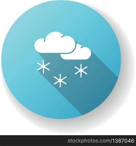 Scattered snow blue flat design long shadow glyph icon. Winter weather forecast, meteorology. Wintertime atmospheric precipitation. Cloud raining snowflakes silhouette RGB color illustration. Scattered snow blue flat design long shadow glyph icon
