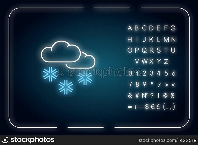 Scattered snow neon light icon. Outer glowing effect. Winter weather forecast, meteorology sign with alphabet, numbers and symbols. Cloud raining snowflakes vector isolated RGB color illustration. Scattered snow neon light icon