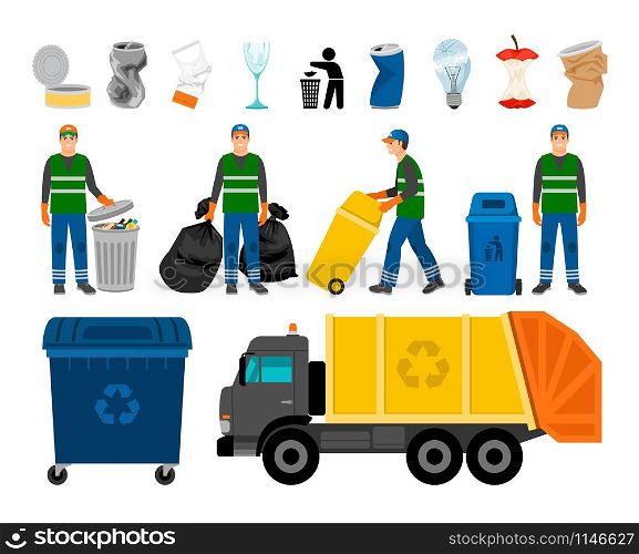 Scavengery, trash and garbage colored icons. Trash truck and garbage can, scavenger and household waste vector icon set. Scavengery, trash and garbage colored icons. Trash truck and garbage can, scavenger and household waste