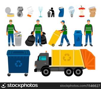 Scavengery, trash and garbage colored icons. Trash truck and garbage can, scavenger and household waste vector icon set. Scavengery, trash and garbage colored icons. Trash truck and garbage can, scavenger and household waste