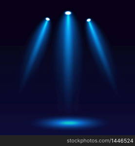 Scene illumination, on a dark background. Bright lighting with three spotlights. Spotlight on stage for website design. Blue stage background. vector eps10. Scene illumination, on a dark background. Bright lighting with three spotlights. Spotlight on stage for website design. Blue stage background. vector