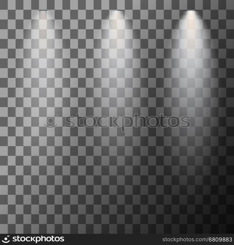 Scene illumination spotlight. Scene illumination. Cold light effect. Stage illuminated spotlight on transparent background. Vector illustration.