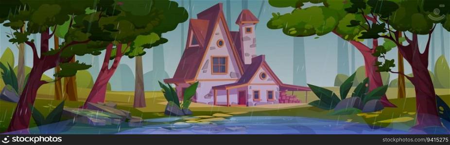 Scene of forest with village house in rain. Summer nature landscape of woods or park with cottage, green trees, grass and falling water drops in rainy weather, vector cartoon illustration. Scene of forest with village house in rain