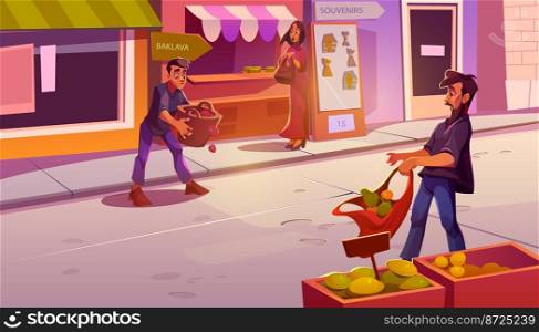 Scene on arabic bazaar with man drops fruits from basket on road. Egyptian city street with market, shops with food and souvenirs, surprised people, vector cartoon illustration. Scene on arabic bazaar with man drops fruits