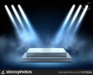 Scene realistic lighting. Interior winner podium light spotlight bright projection vector 3d environment. Illustration of realistic stage in studio. Scene realistic lighting. Interior winner podium light spotlight bright projection vector 3d environment