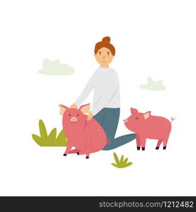 Scene with a farmer girl taking care of little piglets. Vector illustration of a rural life. Scene with a farmer girl taking care of piglets.